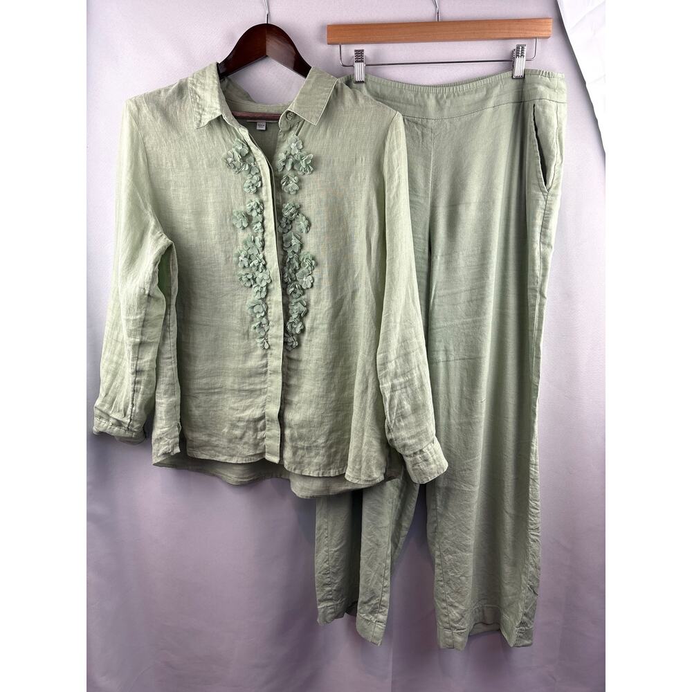 Women's Light Sage Embroidered Linen Top & Pants Set